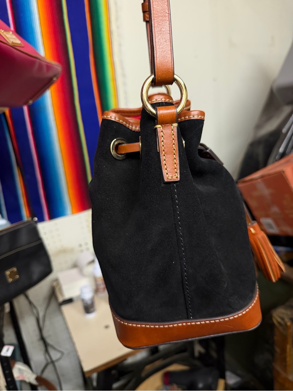 Dooney & Bourke Small Black Suede Bucket Bag with Tan Leather Trim - Picture 7 of 15